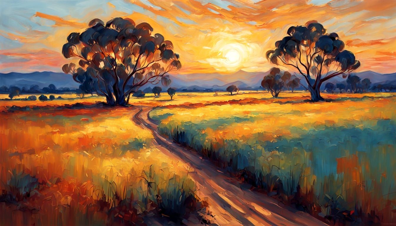 Warm Australian Sunset Landscape in Expressive Impressionist...