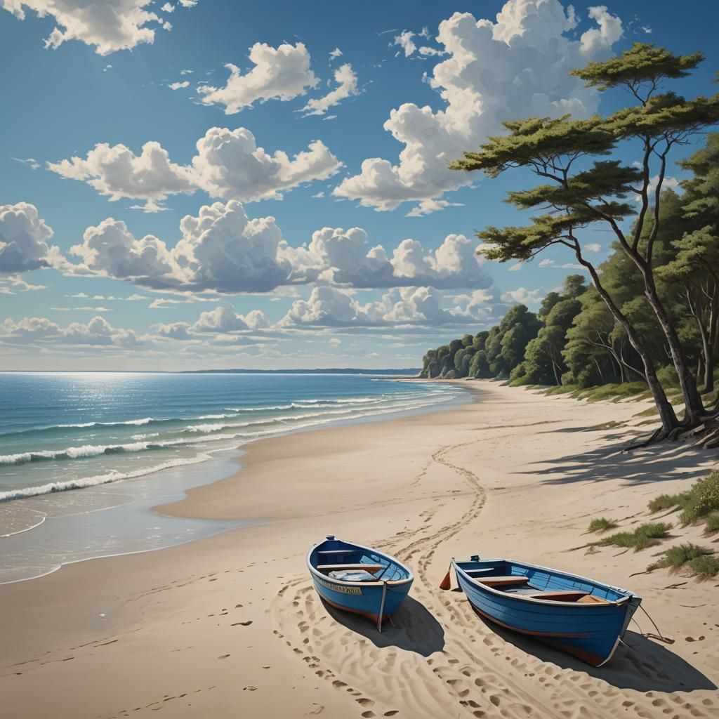 Blue Boat on Peaceful Beach, Detailed Matte Painting