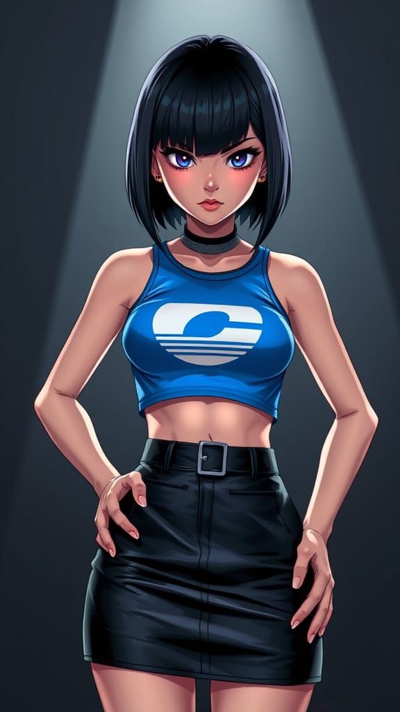Futuristic Anime Woman in Bold Blue and Black Outfit