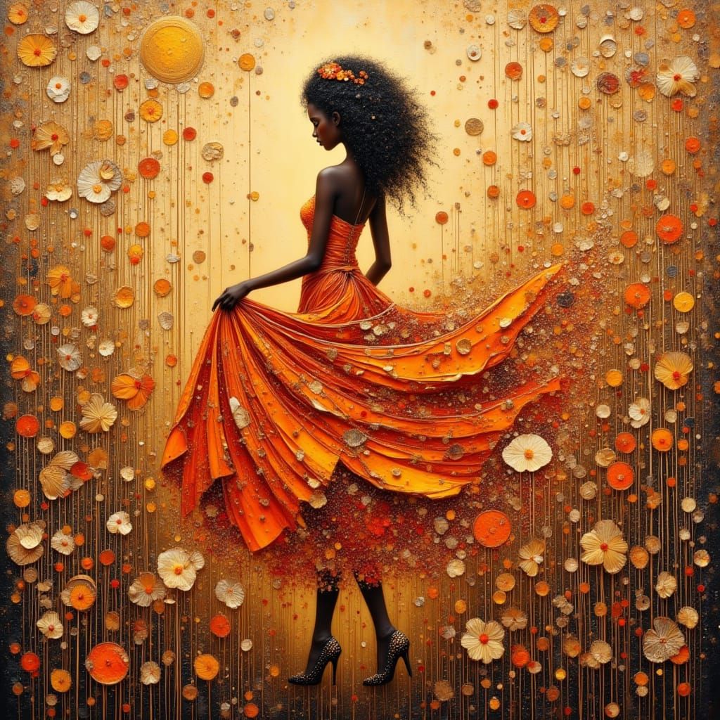 African Princess Silhouette with Floral Dress, Impasto Style