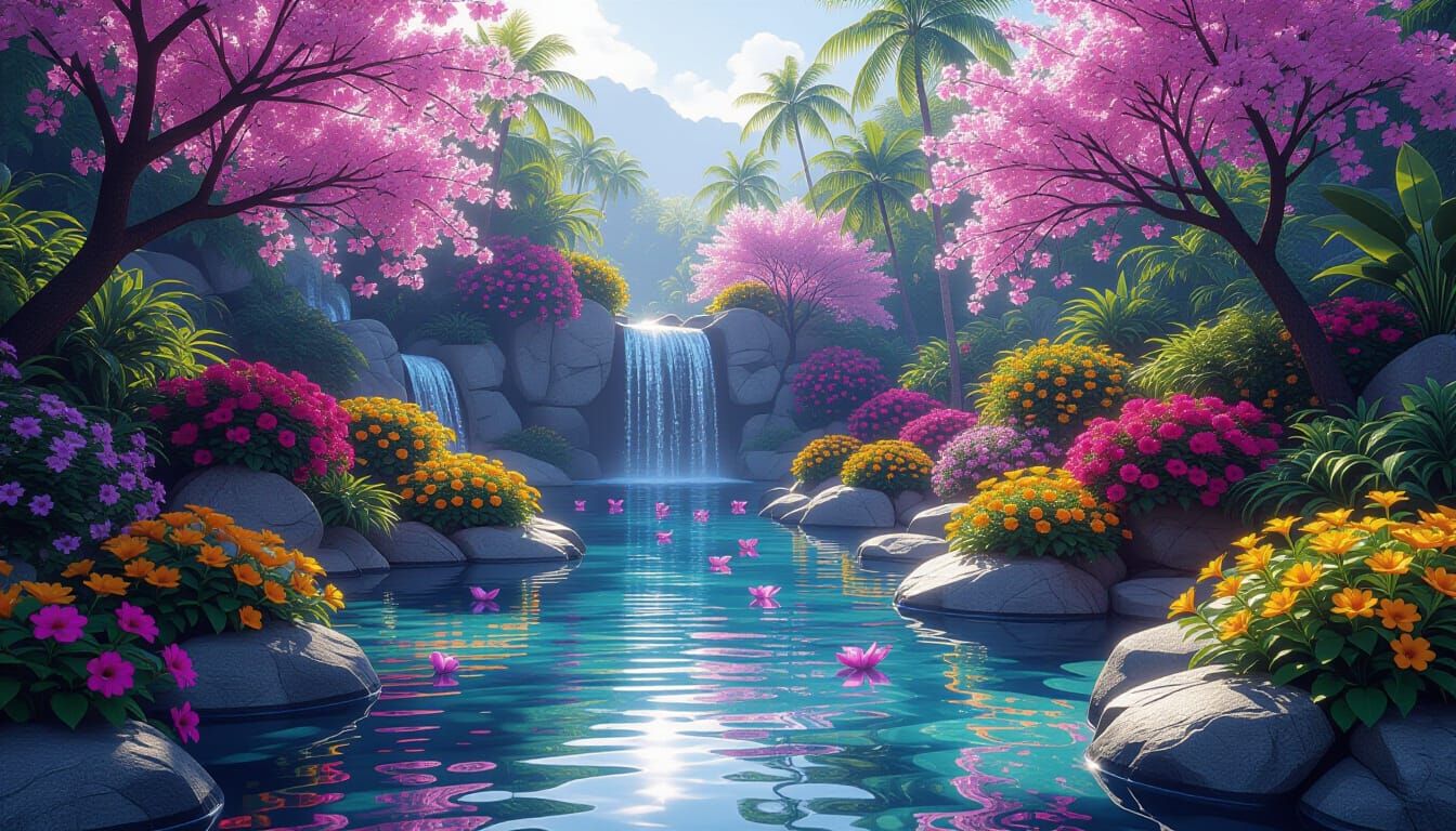 Bioluminescent Garden with Cascading Exotic Flowers