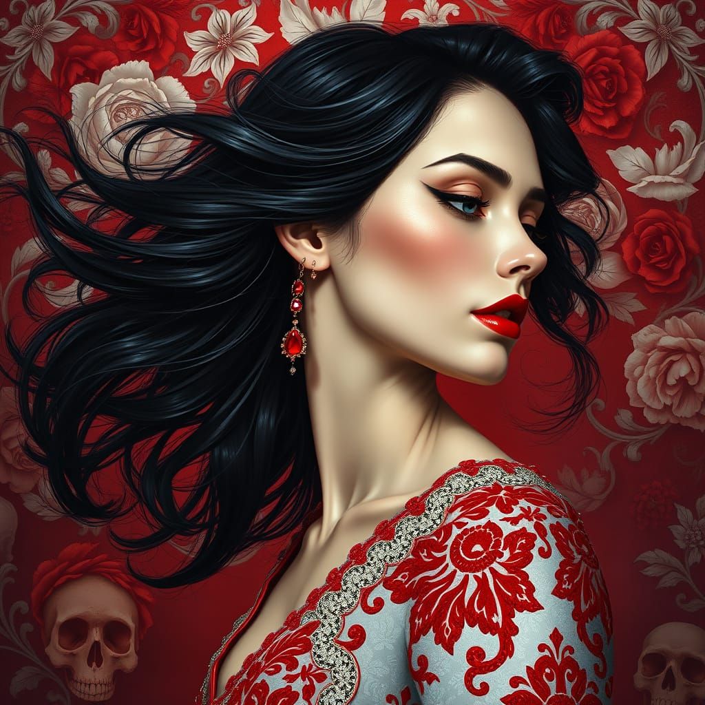 Elegant Woman in Baroque Dress with Flowing Hair