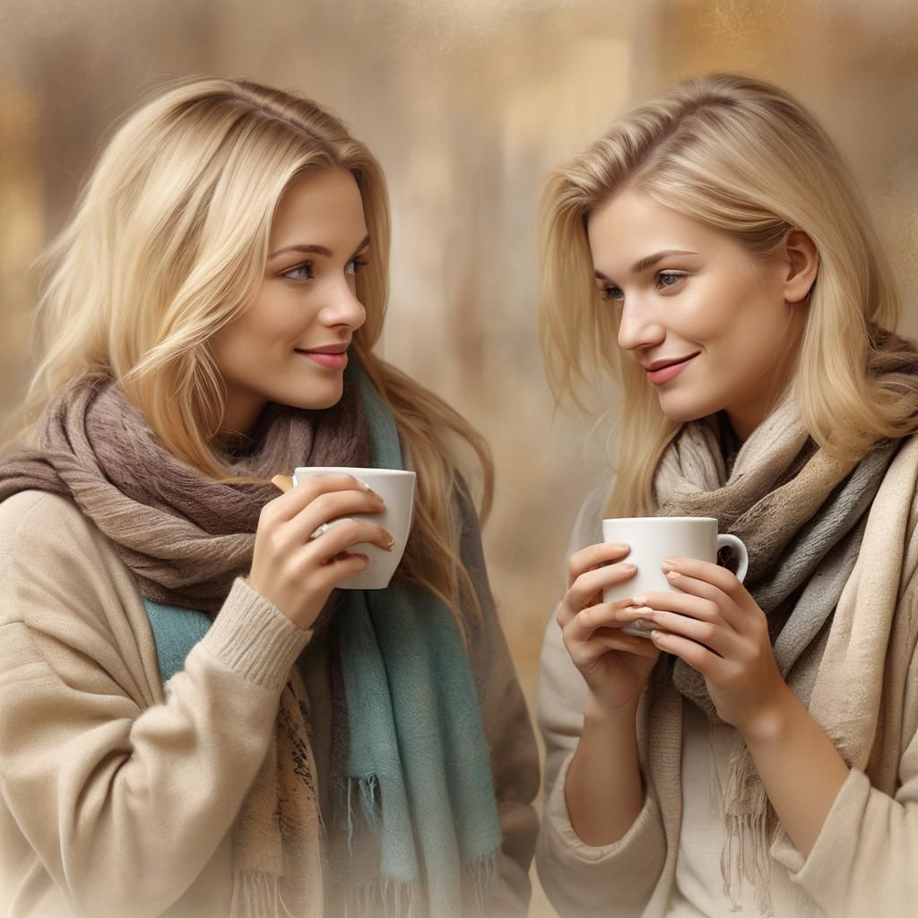 Blonde Women Share Secrets Over Coffee in Pastel Colors