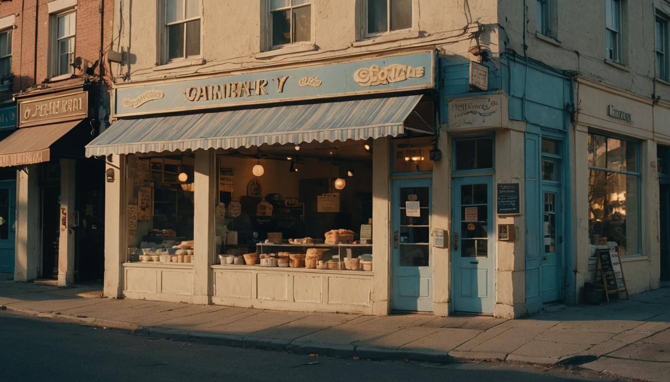 Quaint Bakery at Dusk in Cinematic Still