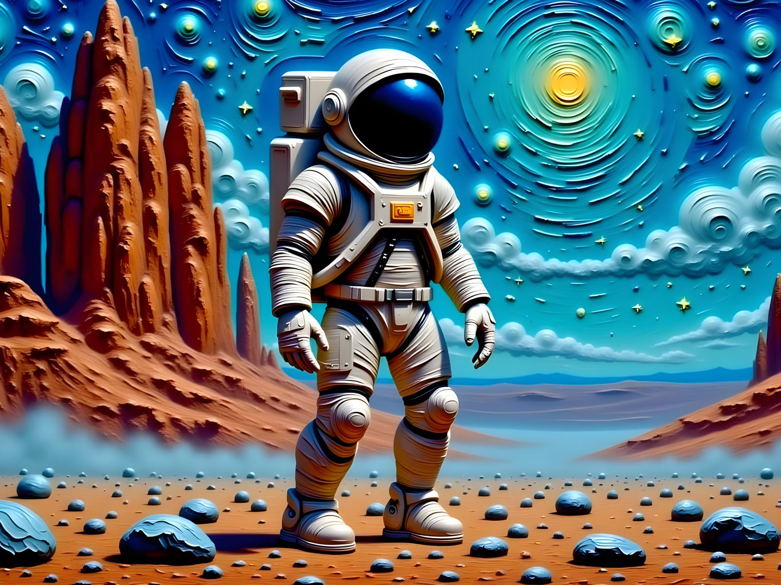Astronaut in Cosmic Landscape with Ancient Rocky Planet