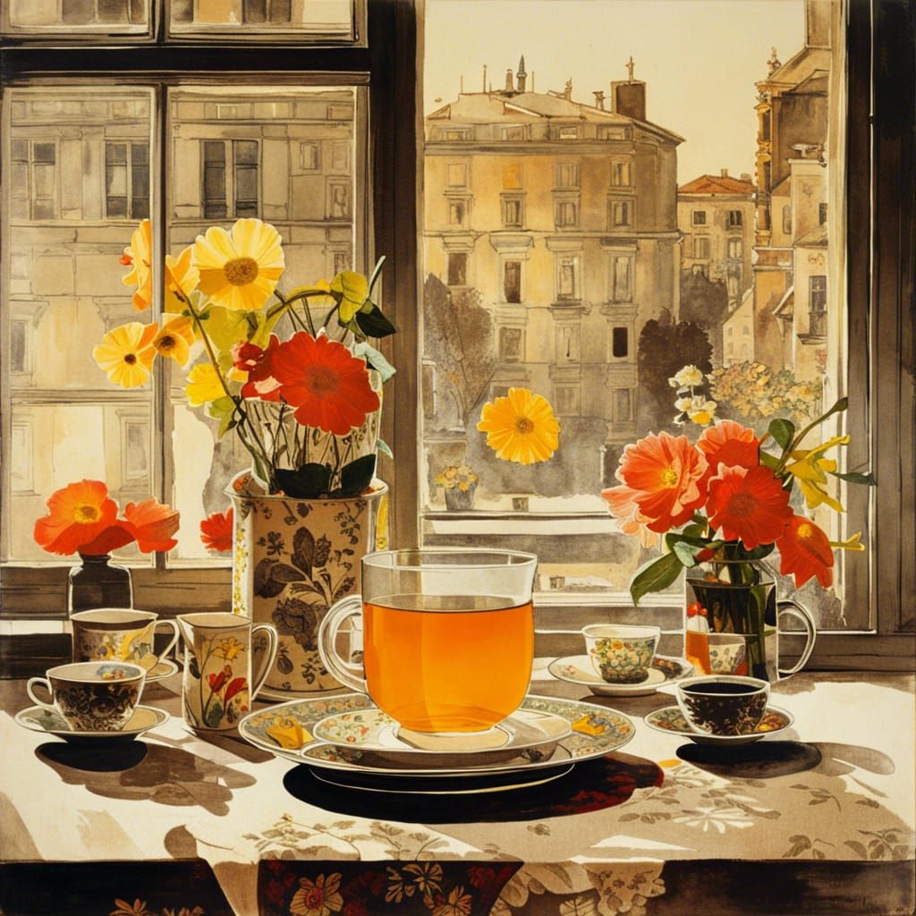 Flowered Tea Service in Evening Light, Line Etching