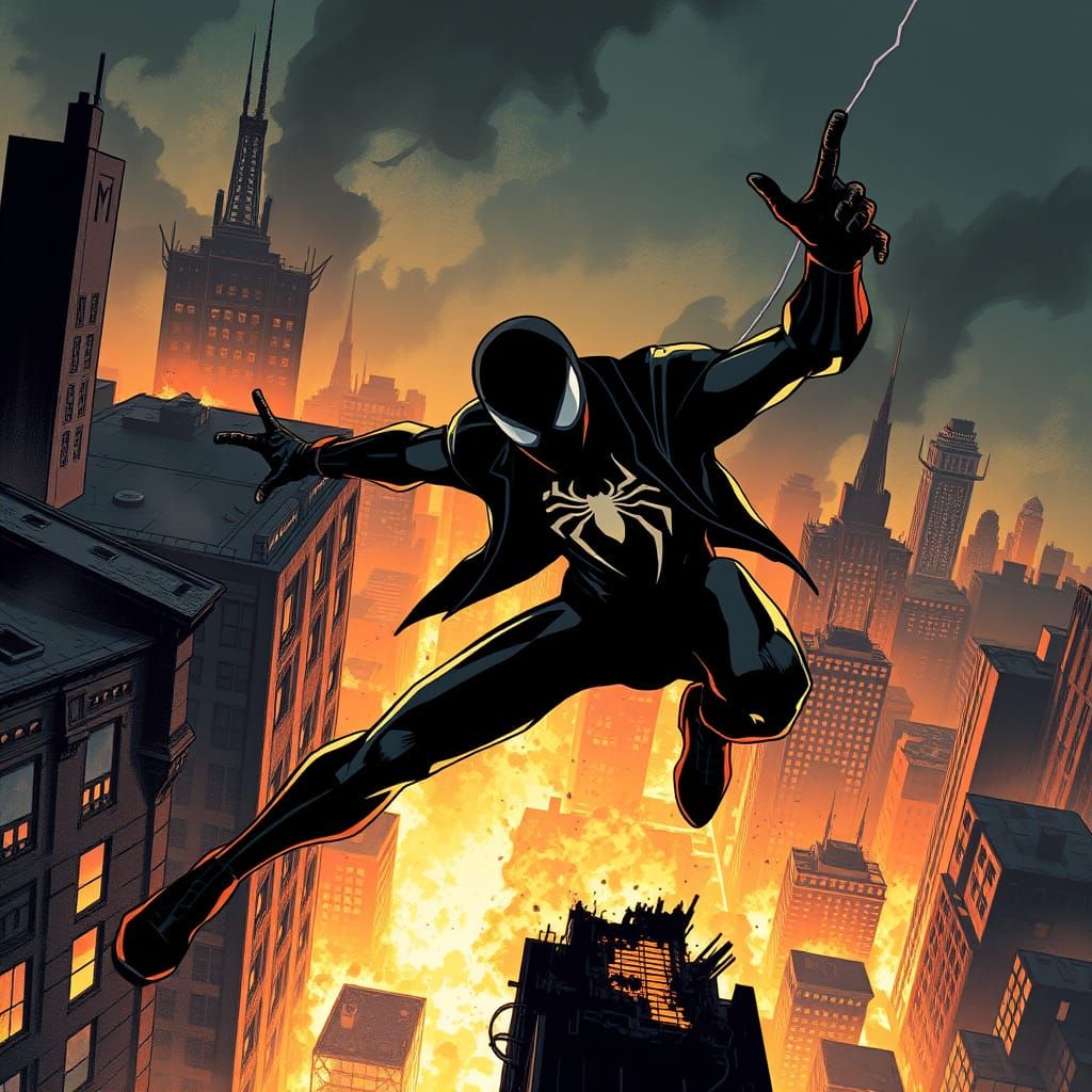 Spiderman Noir Leaping From Burning Cityscape