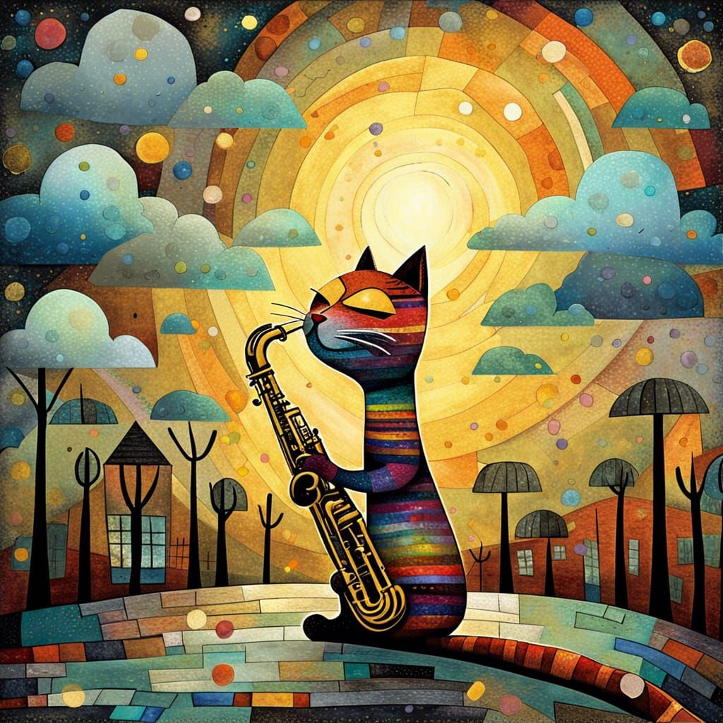 Cat Saxophonist in Rainy Street: Surreal Digital Art