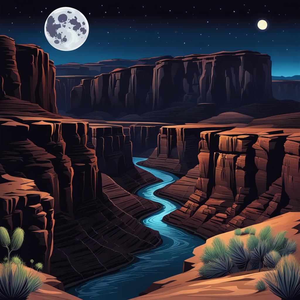 Moonlit Canyon River at Night