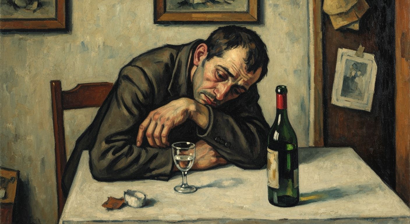 Man Leans on Table with Wine Glass in Cézanne Style