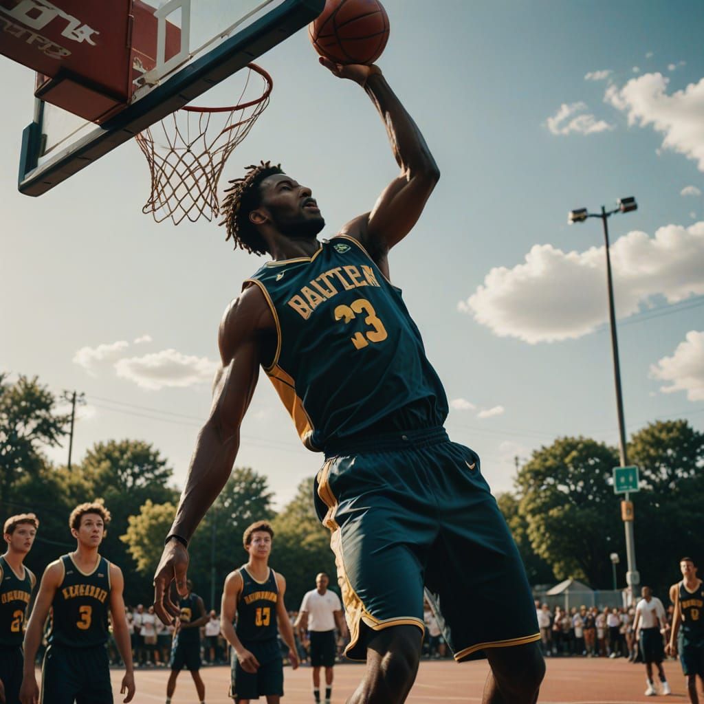 Basketball Player's Spectacular Slam Dunk in Zenithal View
