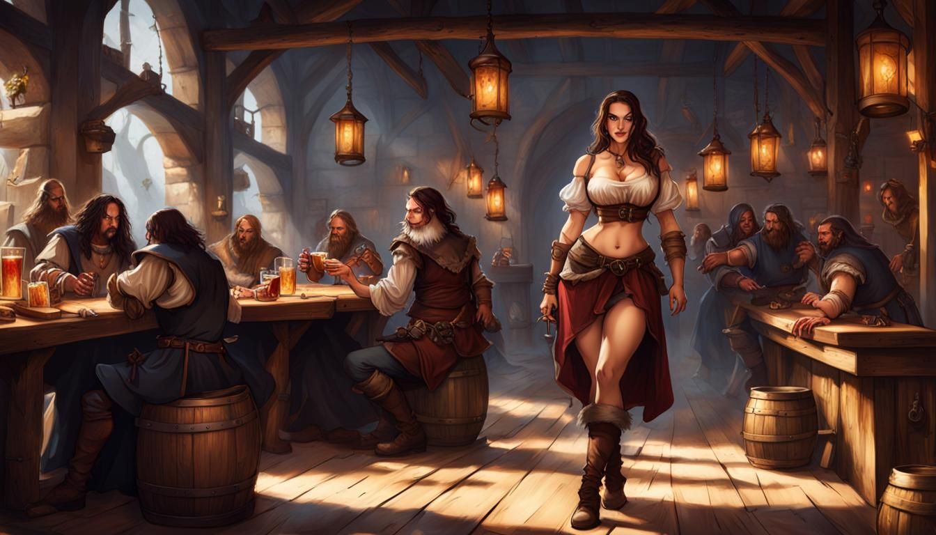 A gorgeous woman, with thick thighs dressed as a fantasy medieval tavern wench seductively serves drinks to a table of d...