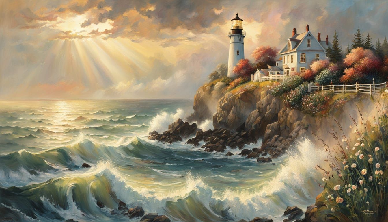 Atmospheric Lighthouse Landscape in Golden Hour