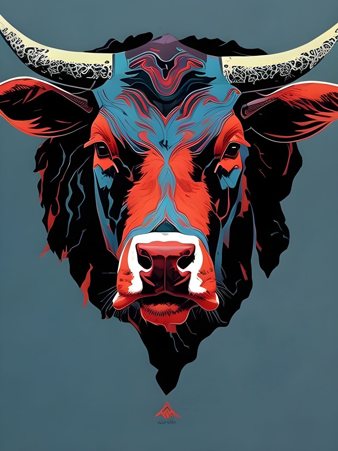 Badass Bull Portrait in Marbling Oil Gouache Style