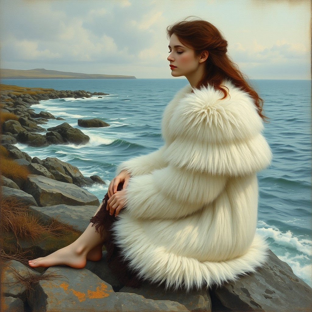 Selkie Woman on Mystical Shoreline in Expressive Style