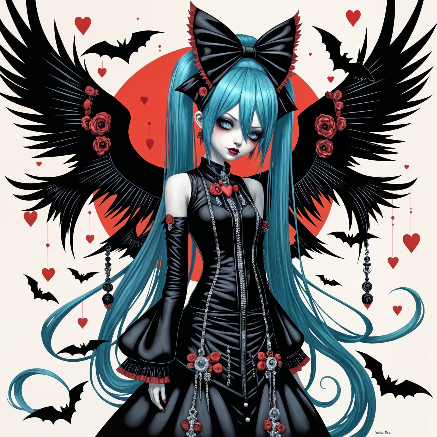 Goth Miku amidst Whirling Hearts and Bats in a Cyberpunk Cit...