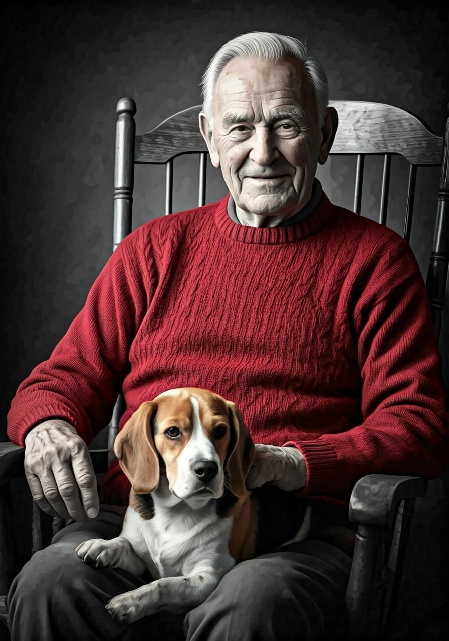Gentle Grandpa in Crimson Sweater, Warm Rocking Chair Moment