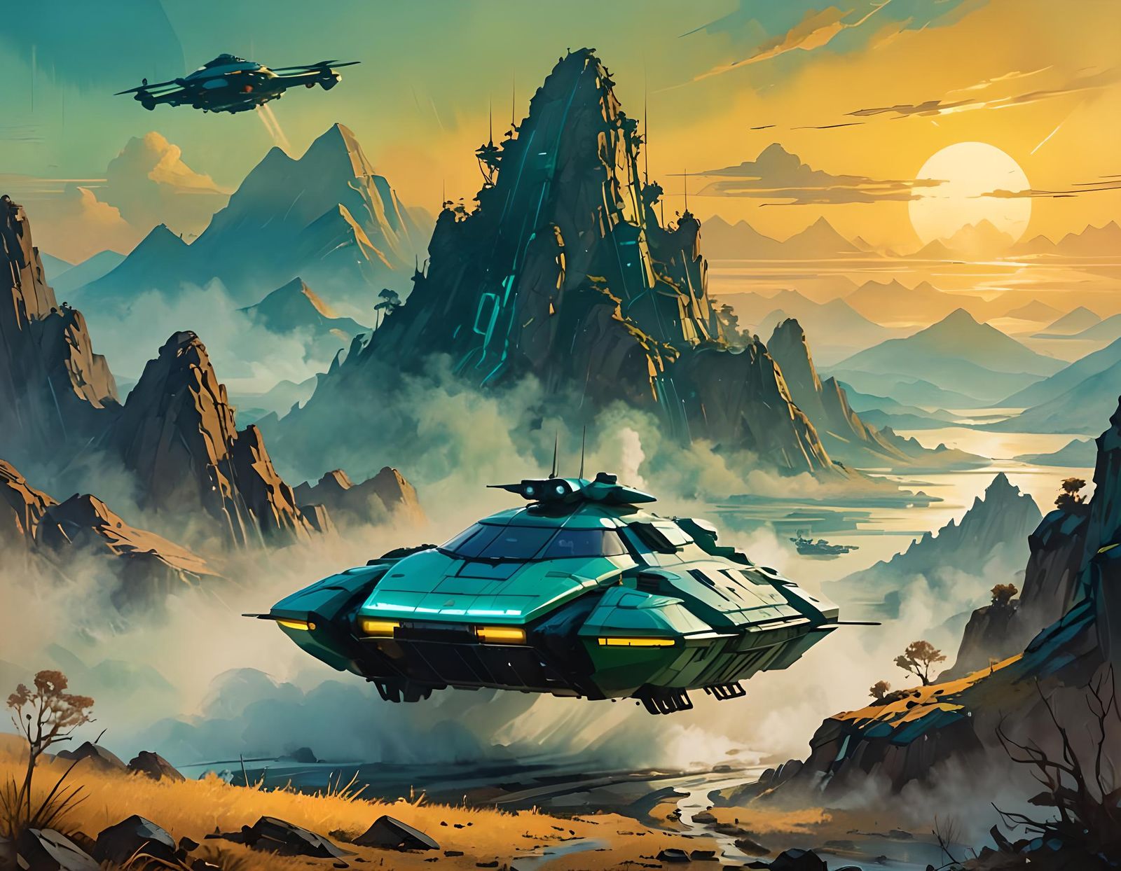 Cyberpunk Hovercraft Over Ancient Mountains Watercolor