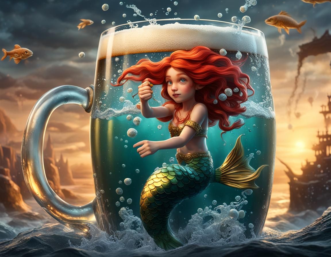 Red-Haired Mermaid Diving in Beer Glass