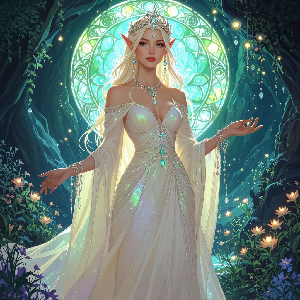 Elven Queen in Bioluminescent Cavern, Art Nouveau Style