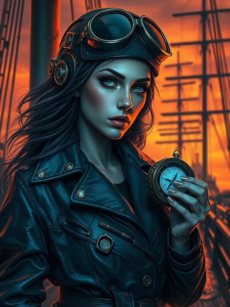 Dieselpunk Noir Woman with Clockwork Helmet