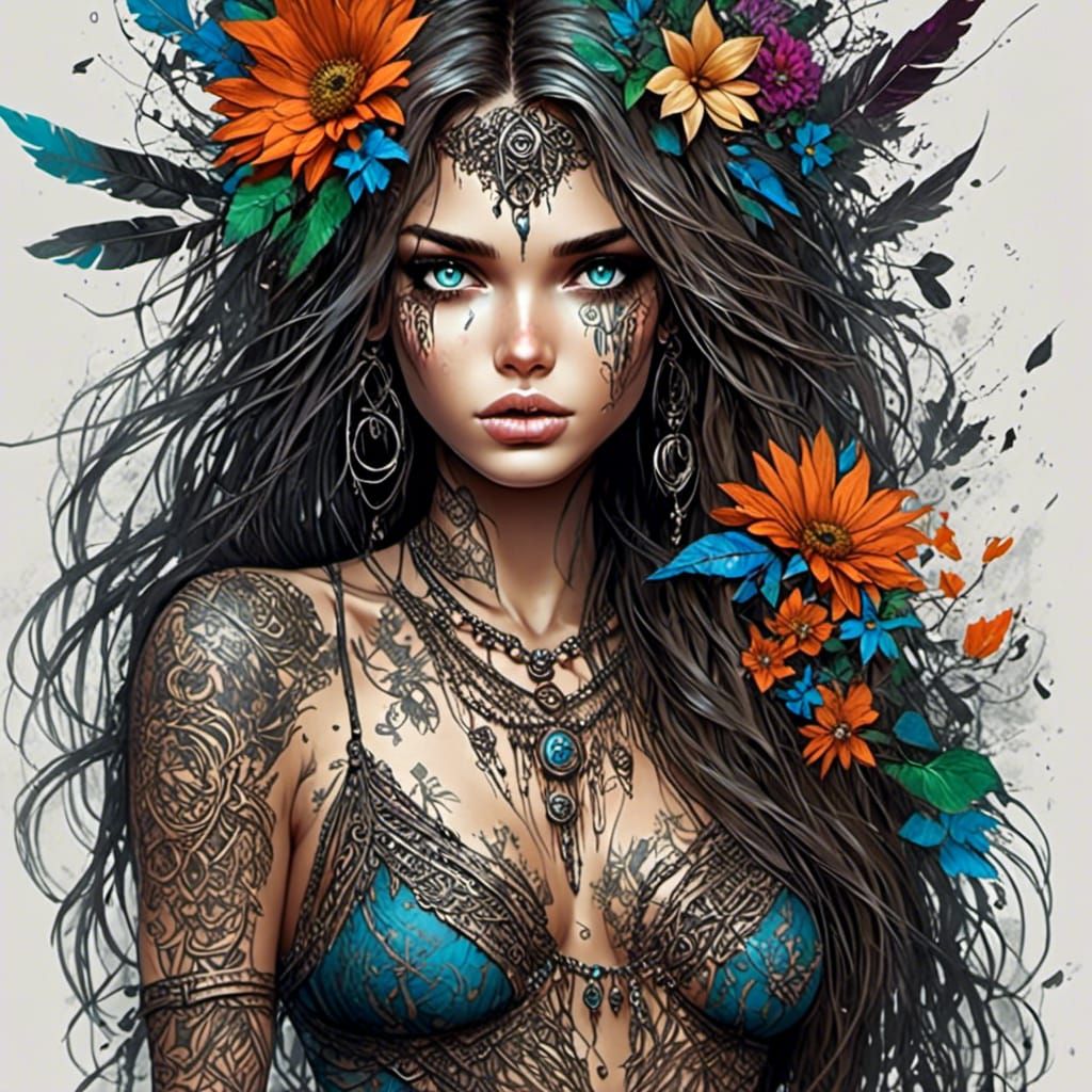 Mysterious Tattooed Woman in Shadow: Digital Art