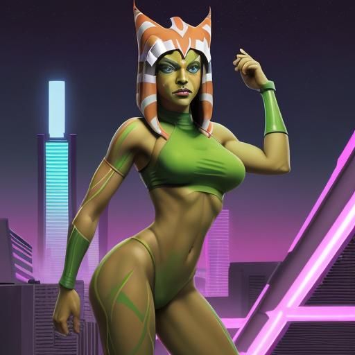 Ahsoka as She-Hulk in Synthwave Style