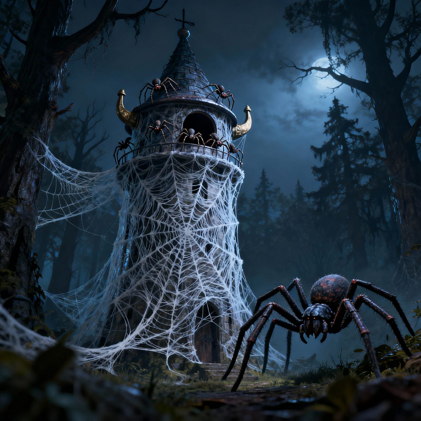 Spooky Spiderweb Tower in Haunted Forest at Night