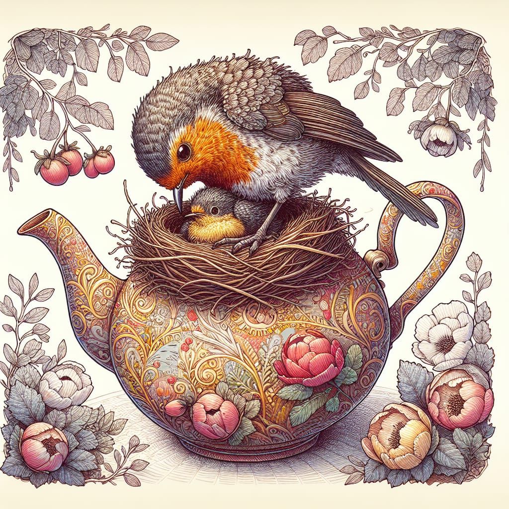 Robin Family in Teapot Nest, Pen and Ink Illustration