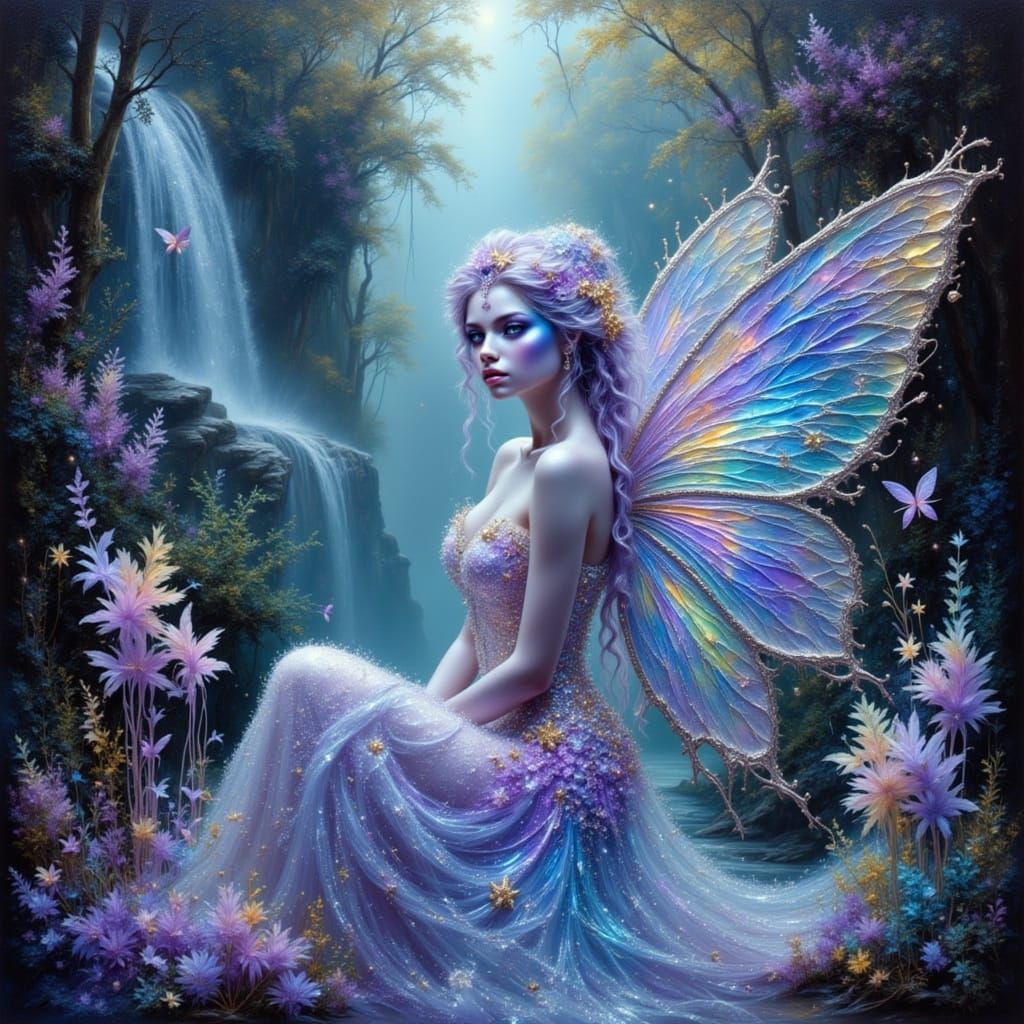 Water Cat Fairy With Rainbow Ink Wings and Sea Foam Dress