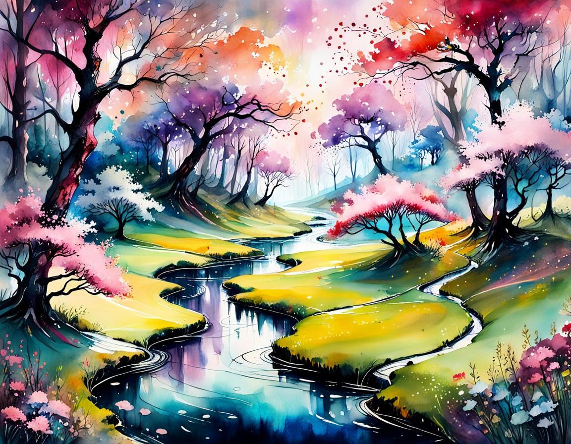 Ethereal Forest Glade: Maximalist Watercolor Landscape
