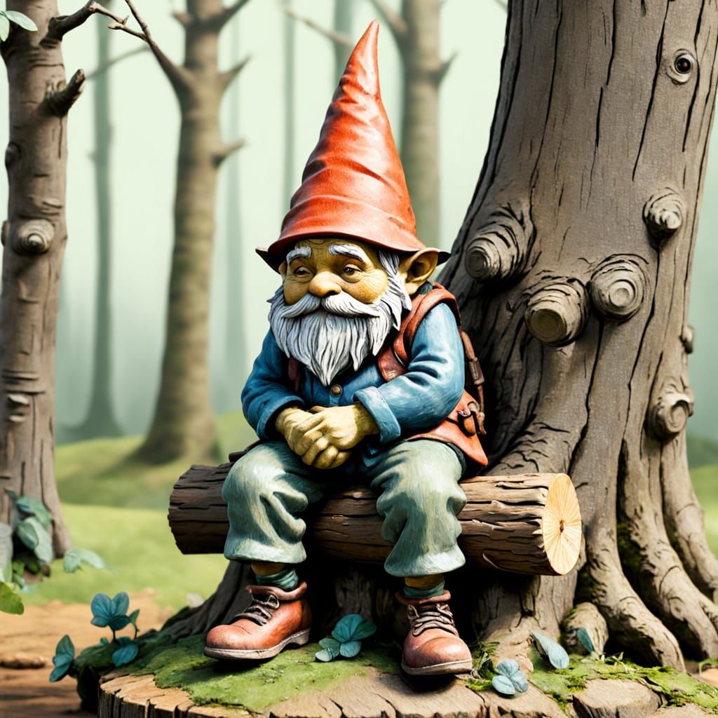 Sulky Gnome on Tree Trunk in Naive Art Style