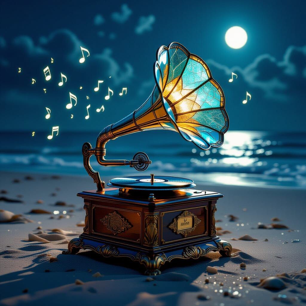 Sea Glass Gramophone on Moonlit Beach