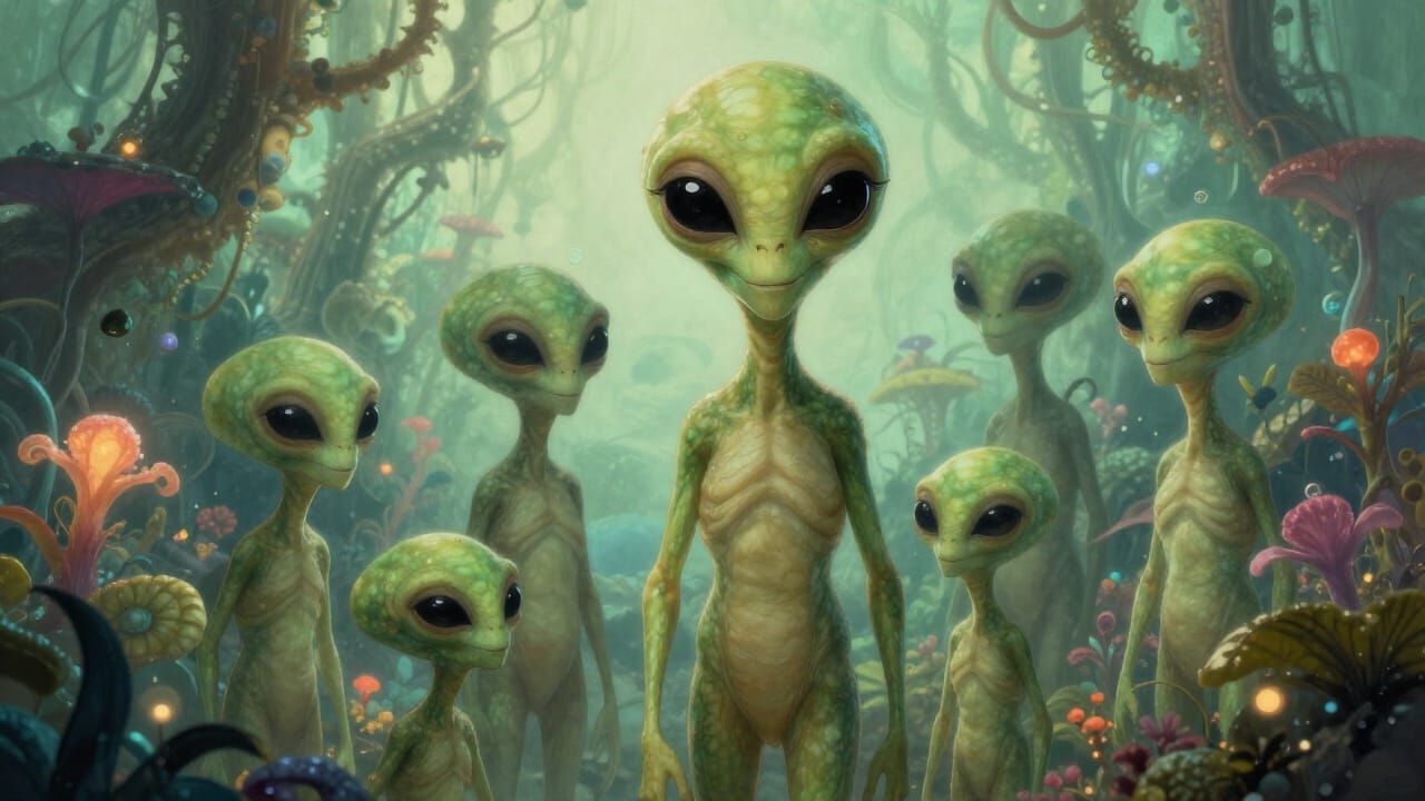 Green Humanoid Aliens with Big Black Eyes