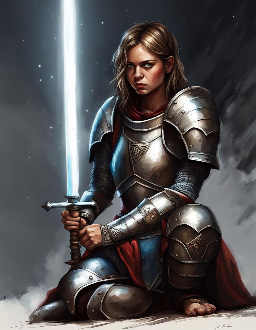 Spiritual Warrior Girl with Sword in Darkness