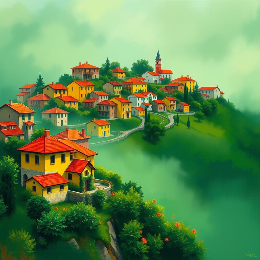Impressionist Houses on a Misty Hillside with Terracotta Roo...