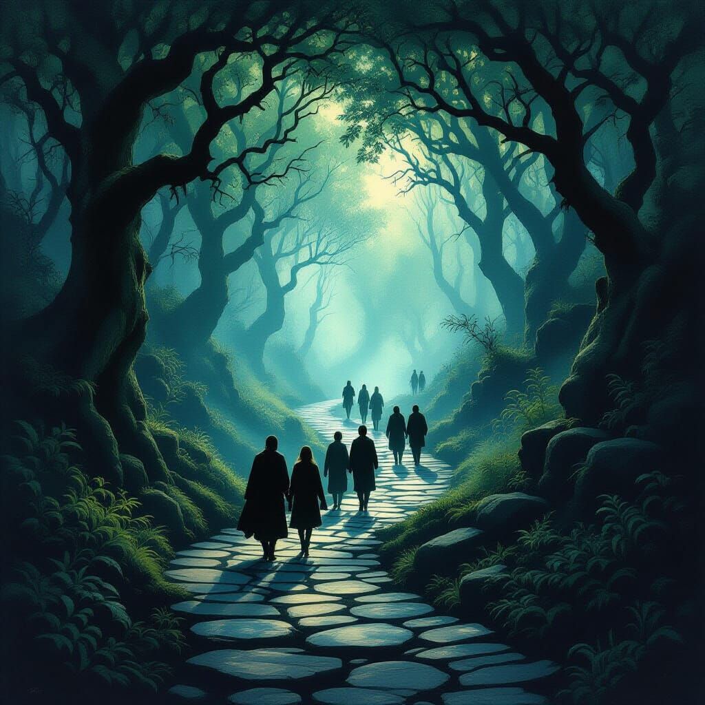 Mystical Forest Path with Diverse Travelers