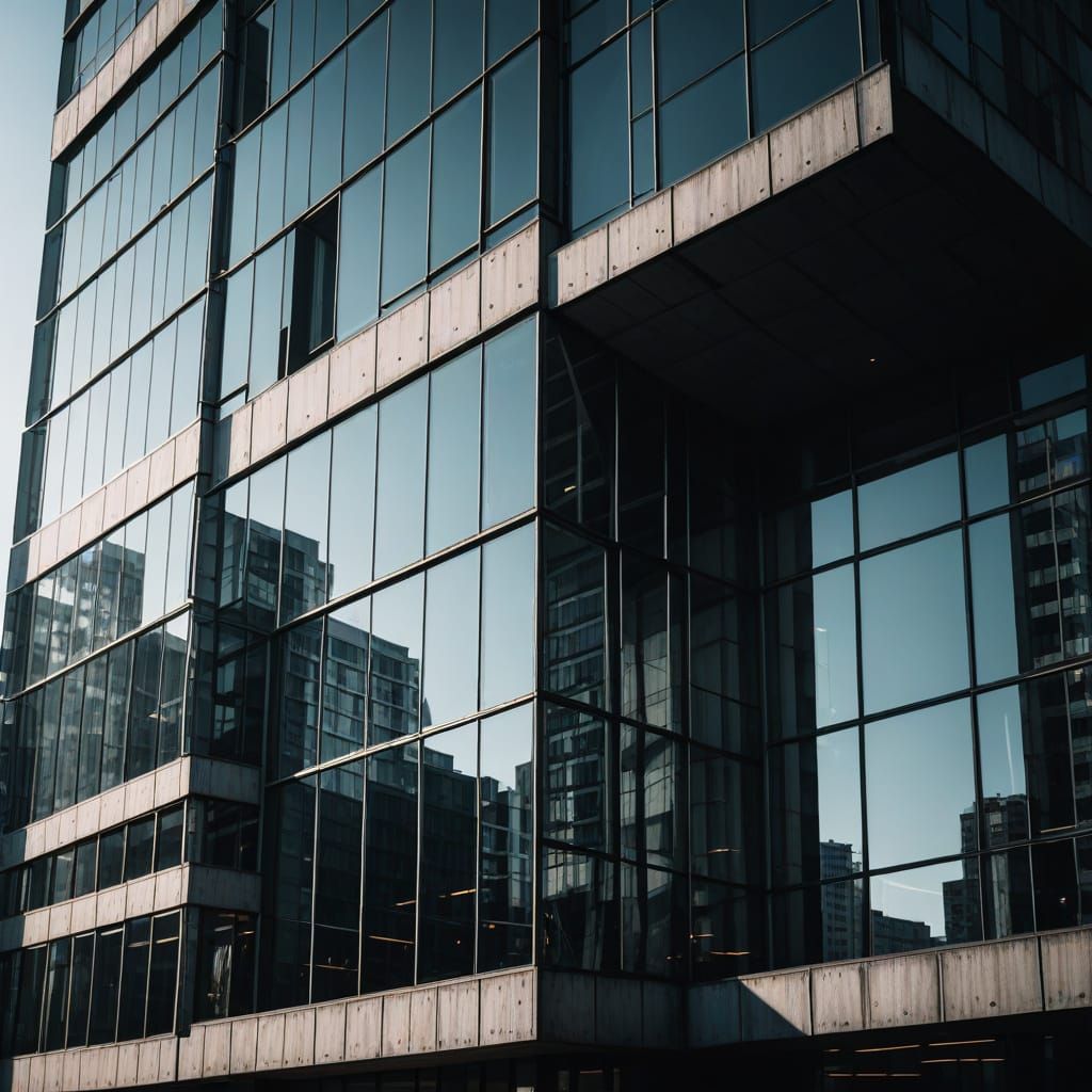 Glass Brutalist Building in Deconstructivist Style