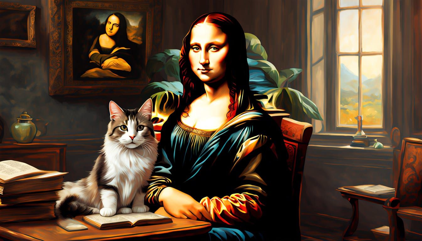 Mona Lisa and Majestic Feline Companion in Whimsical Digital...
