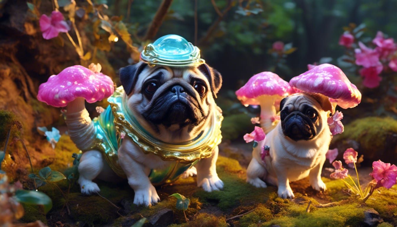 Fantasy Mushrooms and Pugs in Realistic Style