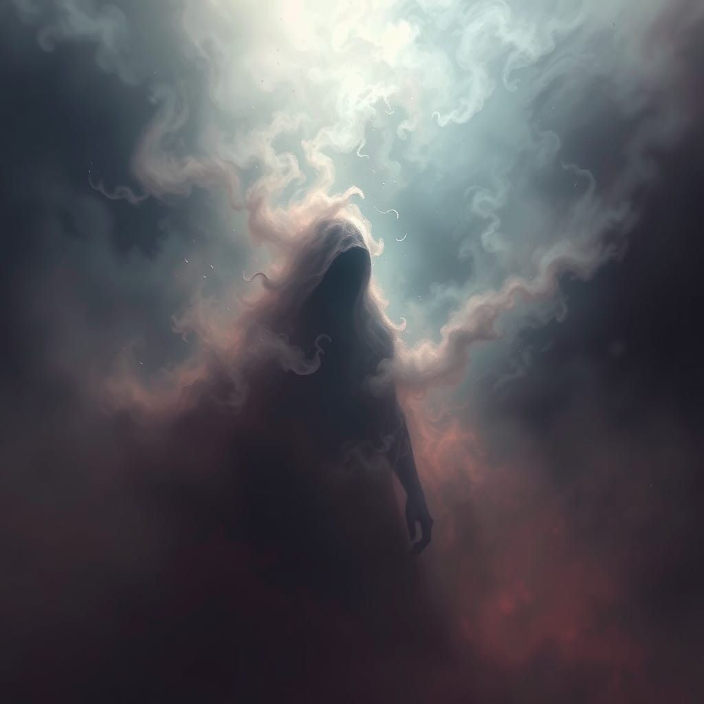 Ethereal Dark Figure in Swirling Fog