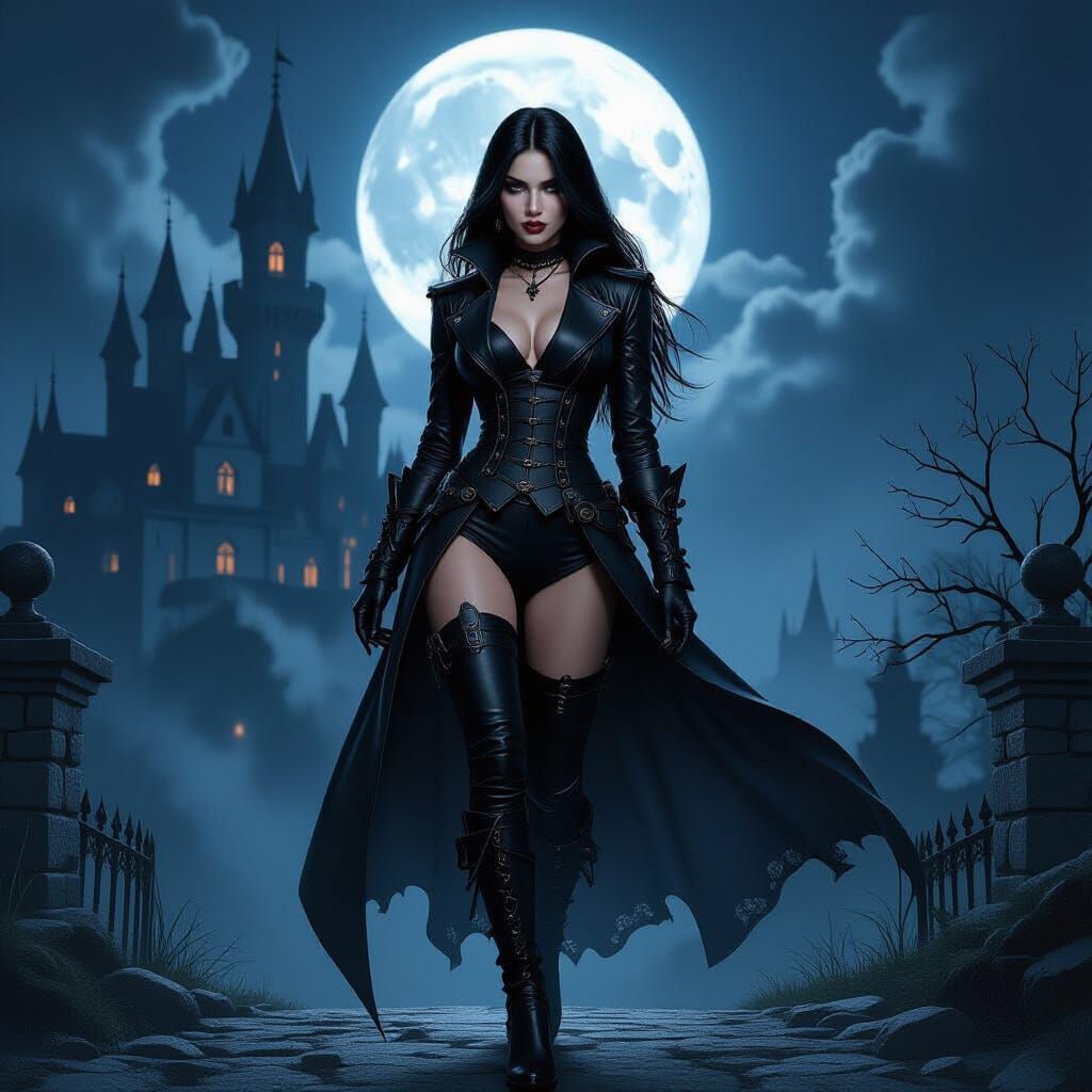 Vampire Woman in Front of Dark Castle, Horror Illustration