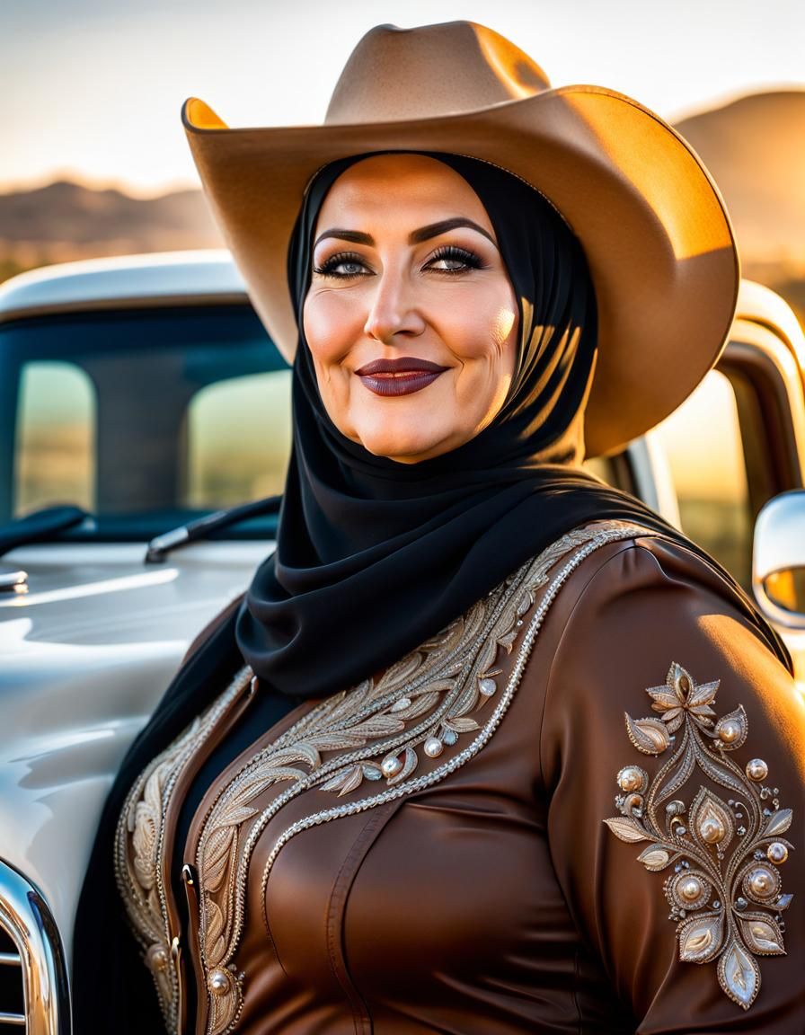 Hyperrealistic Portrait of Woman in Hijab and Cowboy Hat