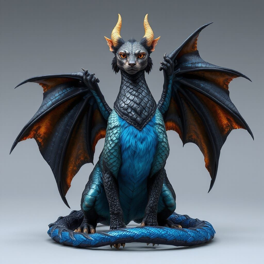 Majestic Feline Dragon with Iridescent Wings and Black Scale...