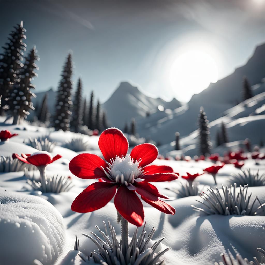 Monochrome Red Flower in Snowy Landscape