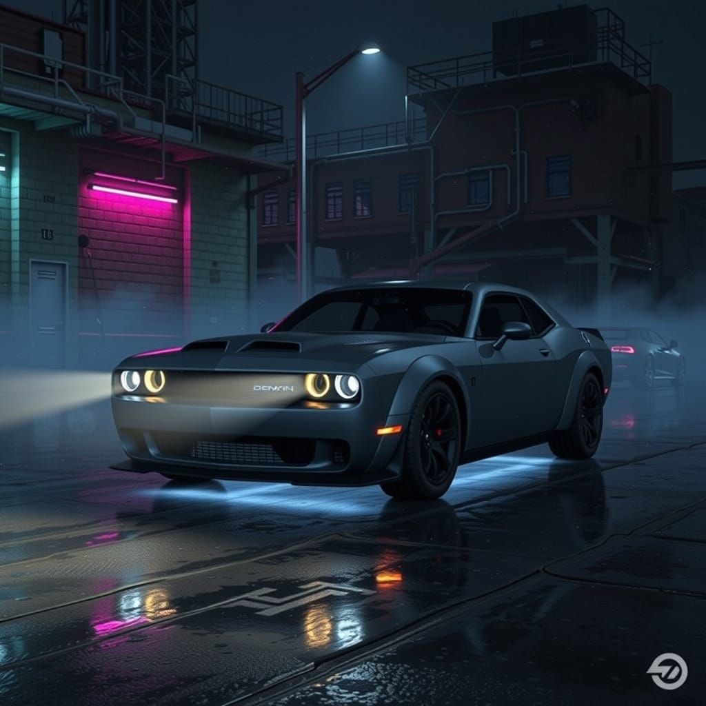 Dodge Challenger SRT Demon in Cyberpunk Cityscape
