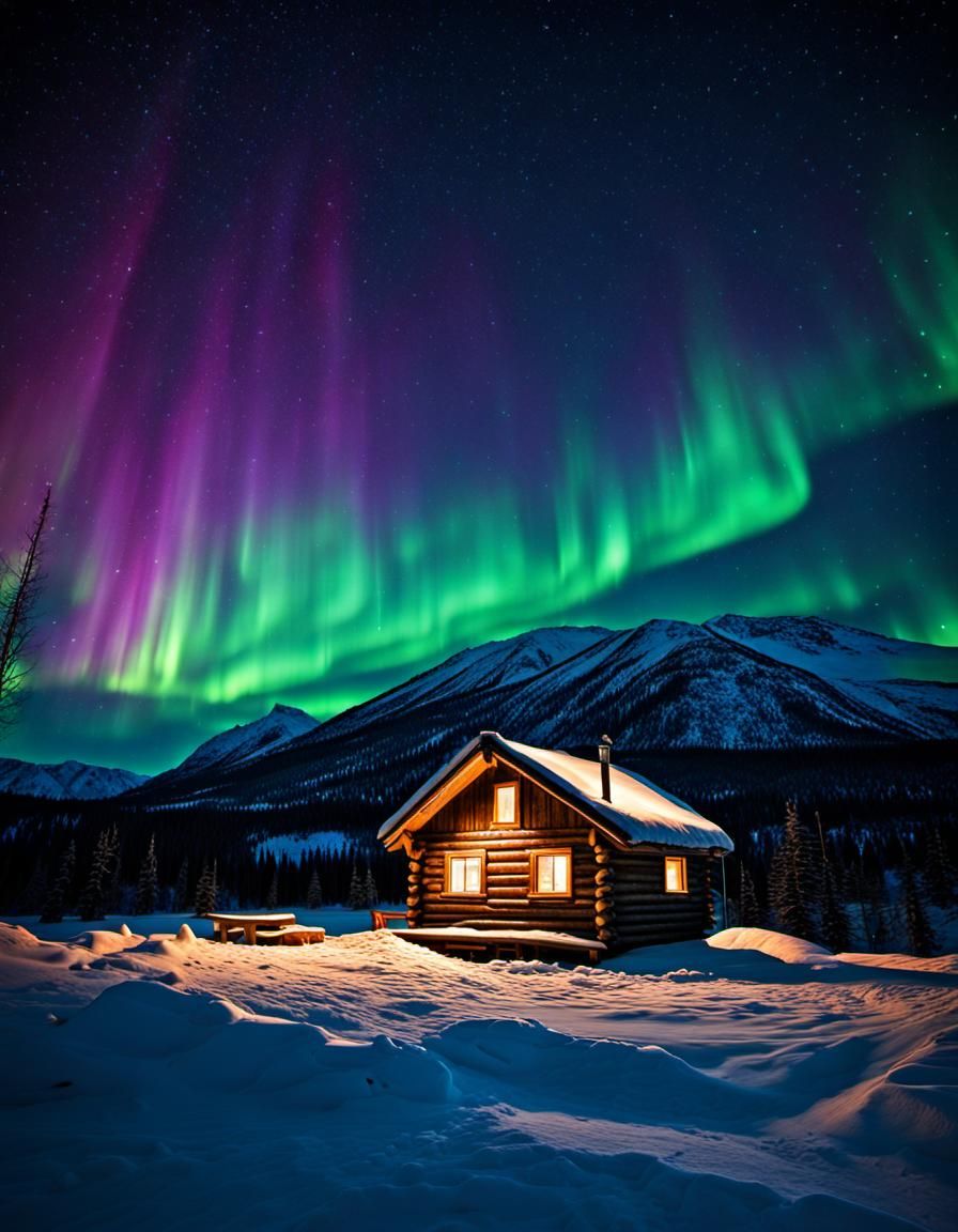 Northern Lights Over Yukon Cabin: Hyperrealistic Winter Nigh...