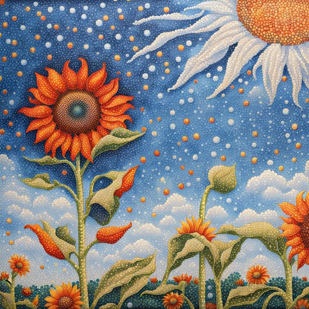 Pointillist Sunflowers in Art Nouveau Style
