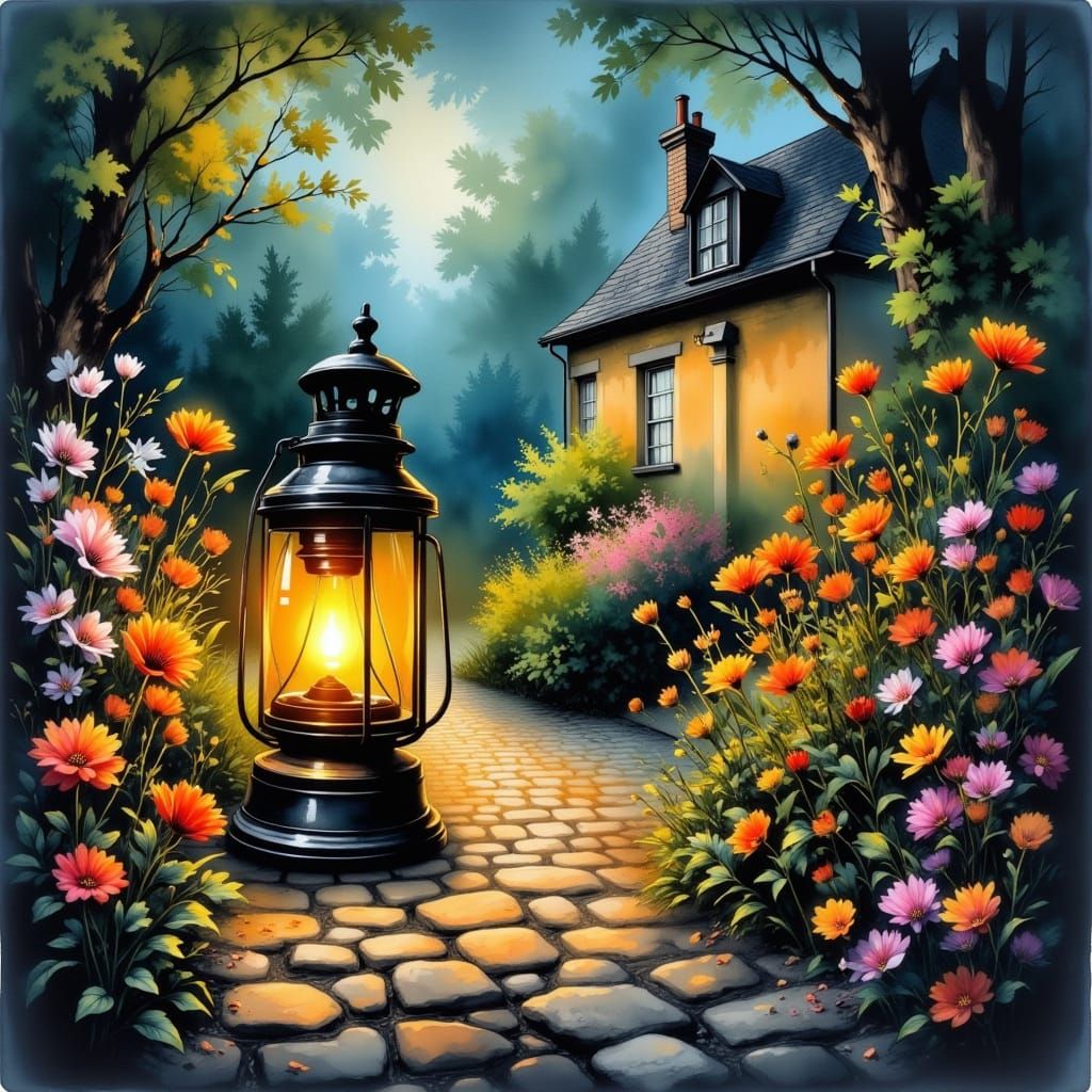 Old Lantern Glows on Cobblestone Path with Wildflowers