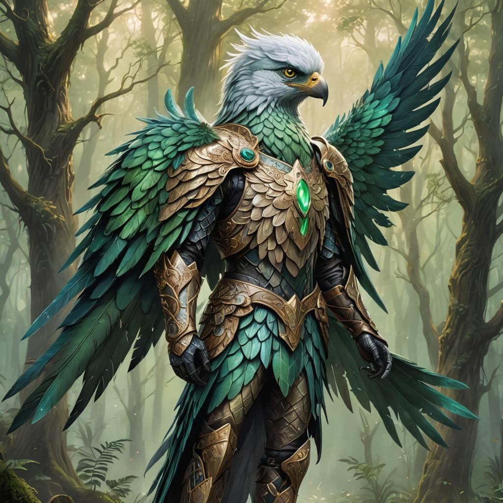 Aarakocra in Misty Forest: Fantasy Illustration